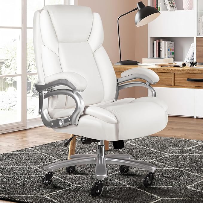 VITESSE 600lbs Heavy Duty Office Chair for Low Back Pain Relief, Big and Tall Office Chair with Ergonomic Lumbar Support, High Back Executive Chair with Quiet Rubber Wheel（White）