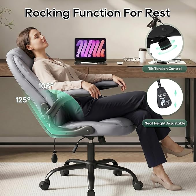 MALOL Leather Office Chair, Home Desk Chair with Adjustable Lumbar Support, Thick Cushion, Flip-Up Arms and Ergonomic Back, Comfy Executive Office Chair for Home Office, Grey