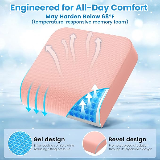 Wheelchair Seat Cushion for Pressure Relief, Cooling Gel Memory Foam Chair Cushion with Slope-Edge Design, Coccyx Support for Tailbone Pain, Non-Slip, for Wheelchairs, Office Chairs & Car Seats, Pink