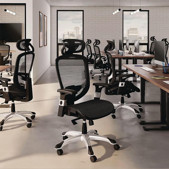 Alera Minerva Ergonomic Swivel Computer Desk Chair, Mesh Office Task Chair, Adjustable Seat, Arms, Headrest, Supports Up to 275 lb, Black