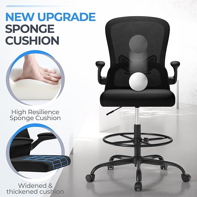 Devoko Ergonomic Drafting Chair with Flip-up Armrests,Executive Tall Office Chair Standing Chair with Lumbar Support and Adjustable Footrest Ring for Standing Desk(Black)