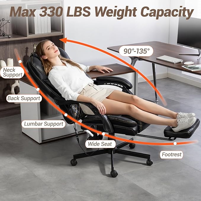 Massage Office Chair with Footrest, 6 Points Vibration Heating Executive Chair, Ergonomic Home Office Desk Chair with Linkage Armrest, Reclining Backrest, Lumbar Support, PU Leather, Black