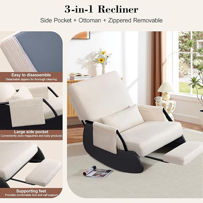 FelixKing Rocking Chair Nursery, Low-Seat Glider Chair, Upholstered Rocking Chair with Side Pocket and Foot Rest, Comfortable Modern Accent Armchair Recliner for Mom Nursery Living Room Bedroom Beige