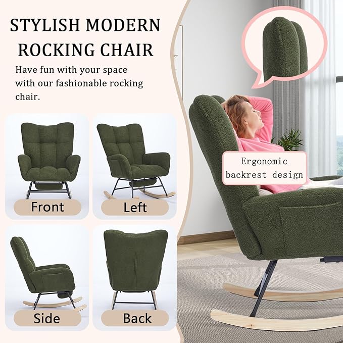 Rocking Chair Nursery with Foot Rest,Upholstered Glider Chair with High Backrest, Rocker Accent Armchair with Solid Wood Legs for Nursery Bedroom Living Room（Dark Green）