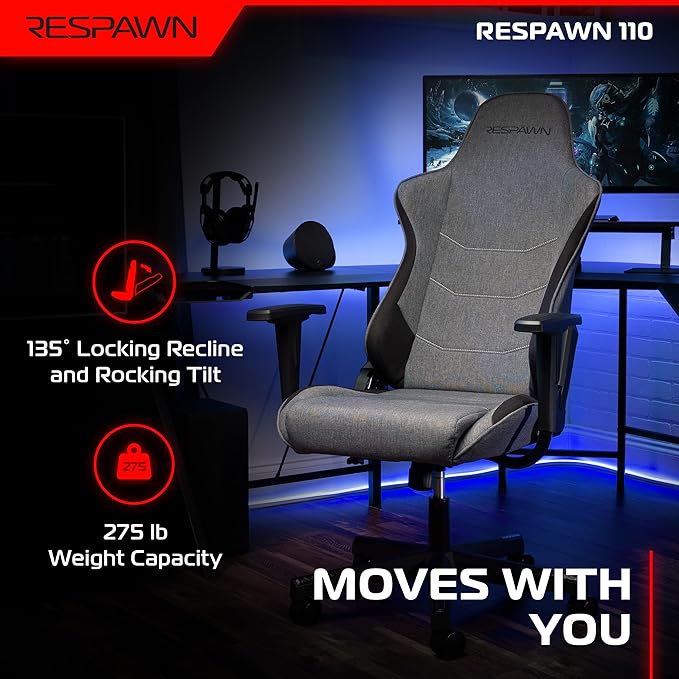 Respawn 110 Ergonomic Gaming Chair - Reclining Office Video Game Swivel Chair with Lumbar Support, Headrest, Heavy Duty, High Back, Racing Style Gaming Recliner Seat for Computer Gamer - Gray Fabric