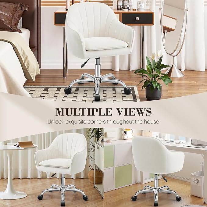 Vanity Chair with Wheels, Comfy Home Office Desk Chairs Adjustable Modern Velvet Makeup Vanity Chairs for Bedroom Living Room-Beige