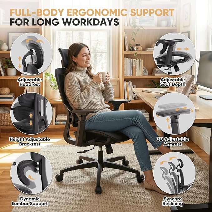 Magshion Ergonomic Mesh Office Chair, Swivel Executive Chair with Adjustable Headrest, 3D Armrests, Tilt Lock and Lumbar Support, Desk Chair for Home Office, 350 LBS Capacity, Black