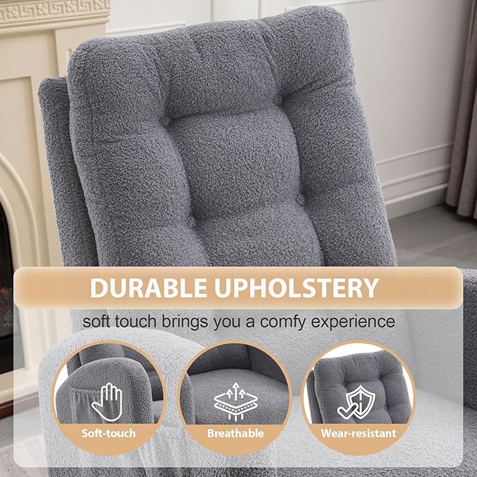 cinkehome Nursery Rocking Chair with Retractable Foot Rest, Teddy Glider Rocking Chair, Mid Century Rocker Chair, High Back, Solid Wood Legs