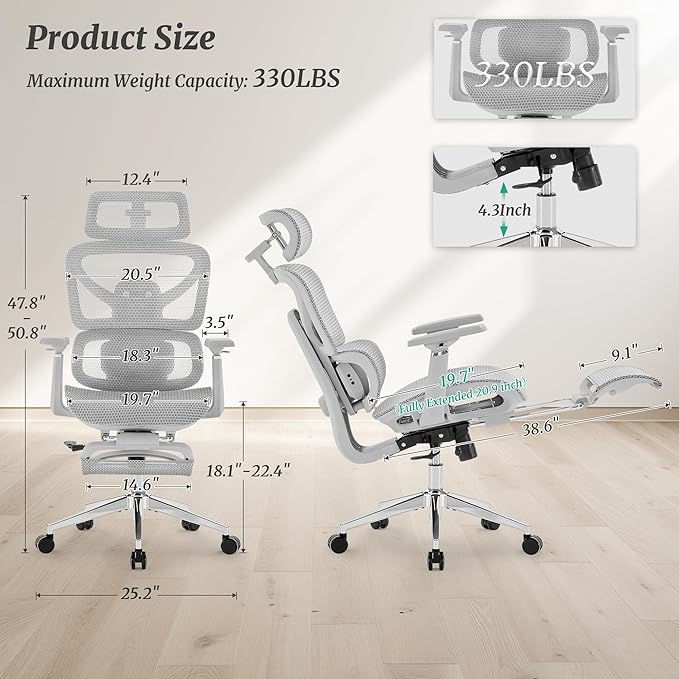 Cozyman Ergonomic Office Chair with Footrest - 5-Level Adjustable Lumbar Support & 90-135°Recline, 3D Headrest & 4D Armrests, Breathable Mesh Seat Computer Chair for Home Office, Gaming, Light Grey