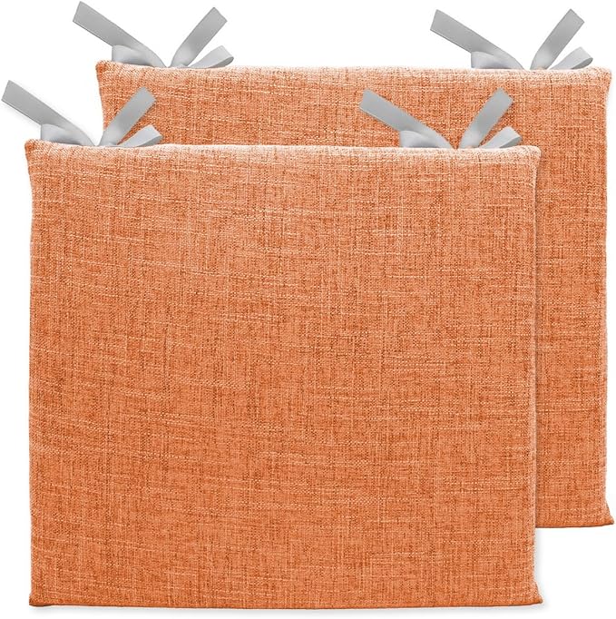 Lifup 2 Pack Chair Cushion Memory Foam Pads, Square Non-Slip Thick Dining Chair Cushions with Ties and Removable Cover for Home Office Restaurant Chair Pads Orange 16 x 16 Inch