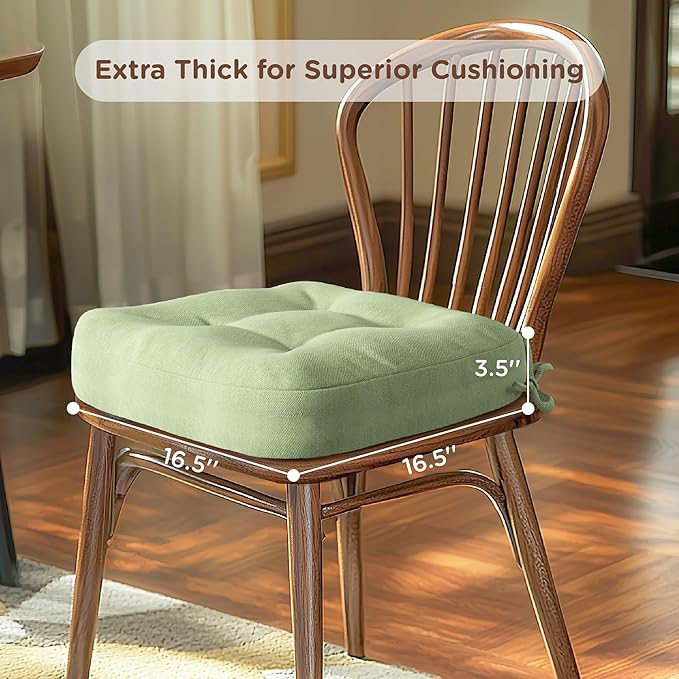 Codi Dining Chair Cushions 4 Pack, Thick Chairs Pads for Indoor Kitchen Room - Washable, Non-Slip Memory Foam Seat Cushion with Ties, 16.5"x16.5"x 3.5", Set of 4, Sage New
