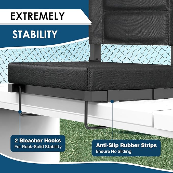 Stadium Seats with Back Support,Bleacher Chairs with Cushion, Portable Folding Stadium Chair with Removable Cushion and Large Pocket for School Events Sports Game(Black 2 Pack)