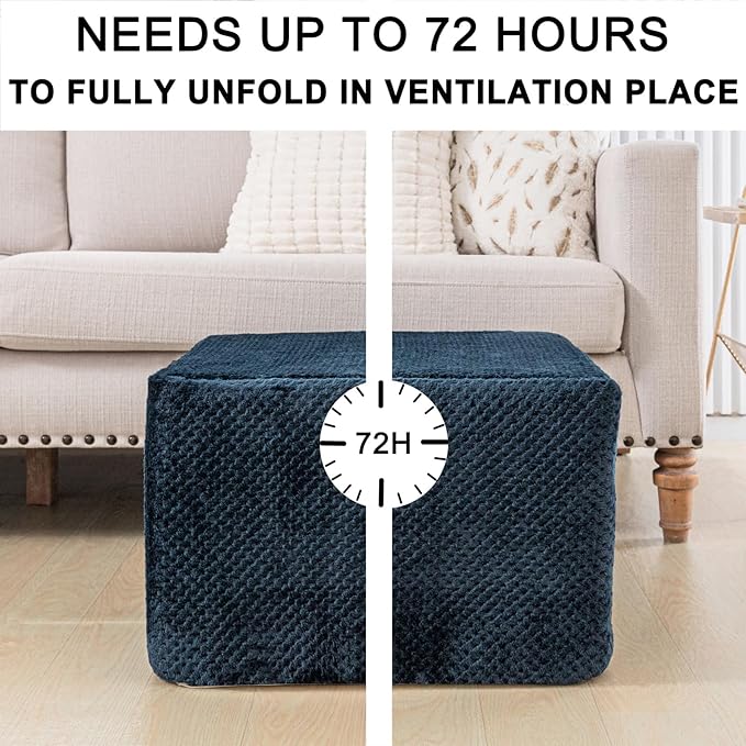 Furry Square Pouf Ottoman – 20"x14" One-Piece Seamless Integral Foam Foot Stool Ottoman Foot Rest Living Room Bedroom Under Desk (Navy Blue)