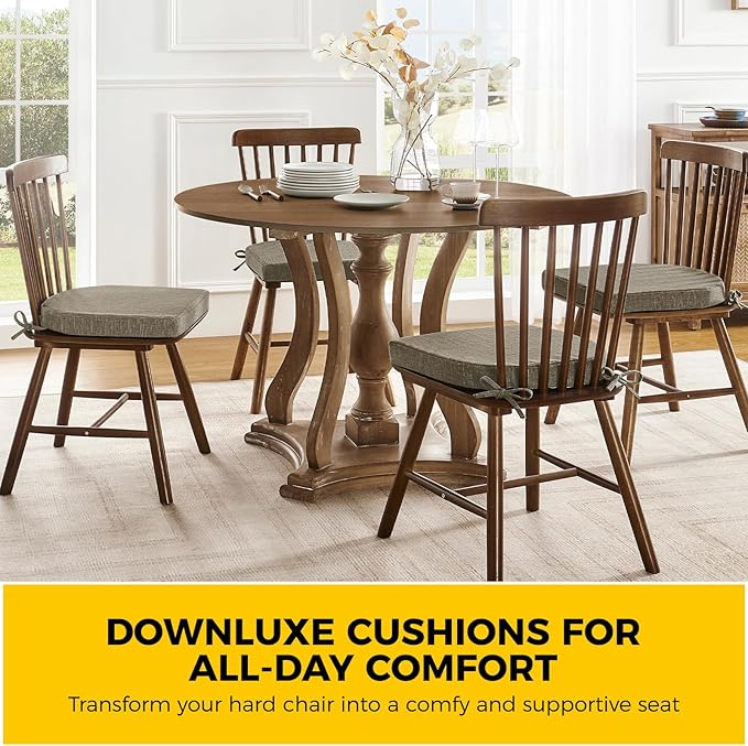 downluxe Indoor Chair Cushions for Dining Chairs, Soft and Comfortable Textured Foam Kitchen Chair Pads with Ties and Non-Slip Backing, 16" x 16" x 2", Khaki, 6 Pack