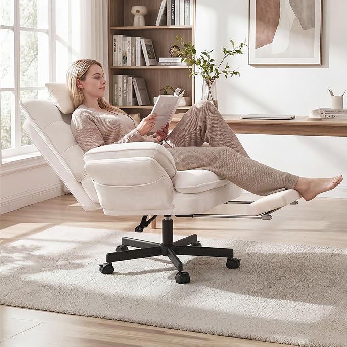 Criss Cross Office Chair with Flip-Up Armrests and Headrest, 135° Reclining Swivel Velvet Criss Cross Chair with Wheels & Foot Rest, Big and Tall Cloud Cross Legged Office Chair for Home, Cream