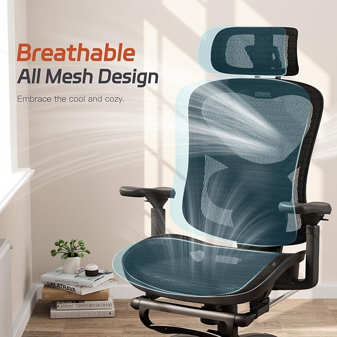 Ergonomic Home Mesh Chair with Footrest, Lumbar Height Adjustment & 215° Rotate Armrests, Recline Lock 90°–120°, High-Back Big and Tall Computer Chair, Heavy-Duty Office Chair, Black