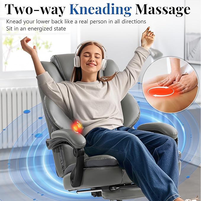 3D Kneading Massage Office Chair, Oversized 600LBS Big and Tall Executive Office Chair with Footrest, Reclining Computer Chairs, Wider Upholstered Seat Ergonomic Desk Chair for Home Office,Grey