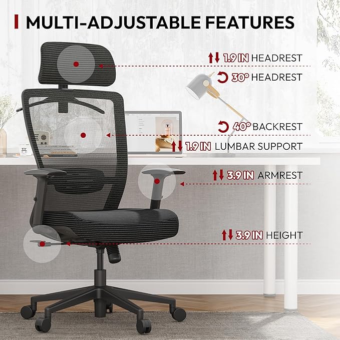 SANODESK OS3 Mesh Big and Tall Computer Chair Home Office Standing Desk Chairs Swivel Ergonomic High Back Office Chair with Adjustbale Lumbar Support Backrest Armrest Black