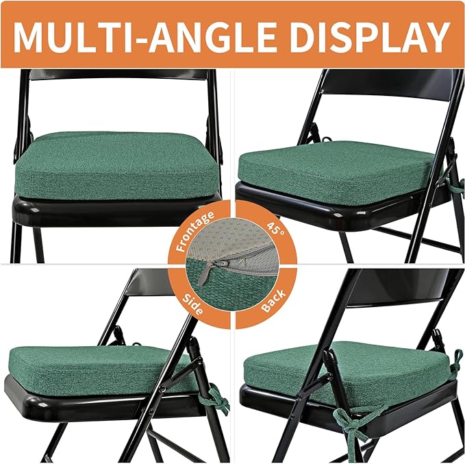 SINOSSO Memory Foam Chair Cushions for Folding Chairs 4 Pack, Thickened 2" Square Pads with Ties for Kitchen Chairs, Indoor Non-Slip Dining Chair Seat Cushions (Set of 4, Green)