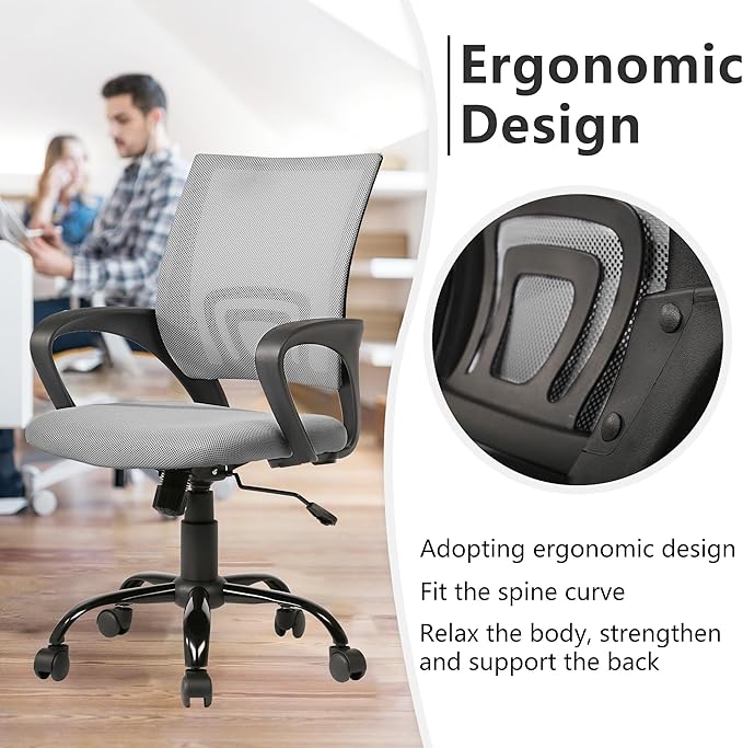 PayLessHere Office Computer Chair Ergonomic Cheap Desk Chair Adjustable Comfortable Mid Back Task Rolling Swivel with Lumbar Support for Home Office, Grey