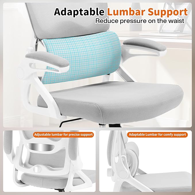 Ergonomic Office Chair,Mesh Office Chair with Lumbar Support,Mid Back Desk Chair with Flip-up Arms,400 lbs Comfy Computer Chair for Home Office (Off-White Gray)