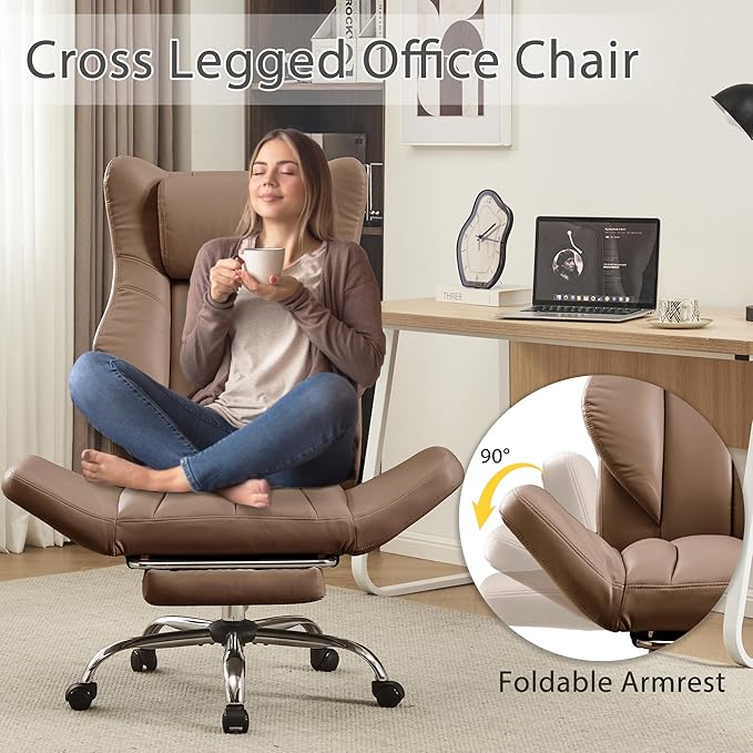 Ergonomic Cross Legged Office Chair with Footrest,Leather Big and Tall Executive Chair with Wheels,Reversible Armrest and Lumbar Pillow,155° Reclining Computer Wide Desk Chair for Home,Office (Brown)