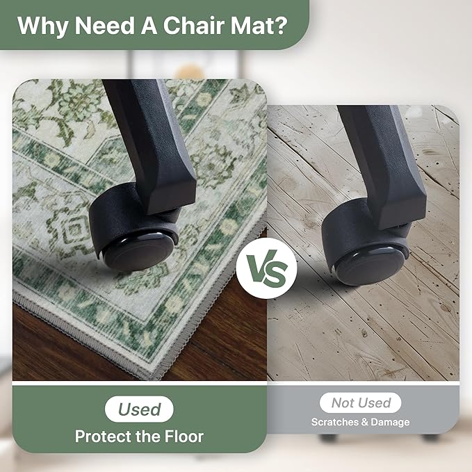 60"x60" Office Chair Mat for Hardwood Tile Floor, Under Desk Carpet Protector for Rolling Computer Chair Mat, Machine Washable Round Area Rug, Anti-Slip 1/5" Thick Low Pile Thin Floor Mat, Green