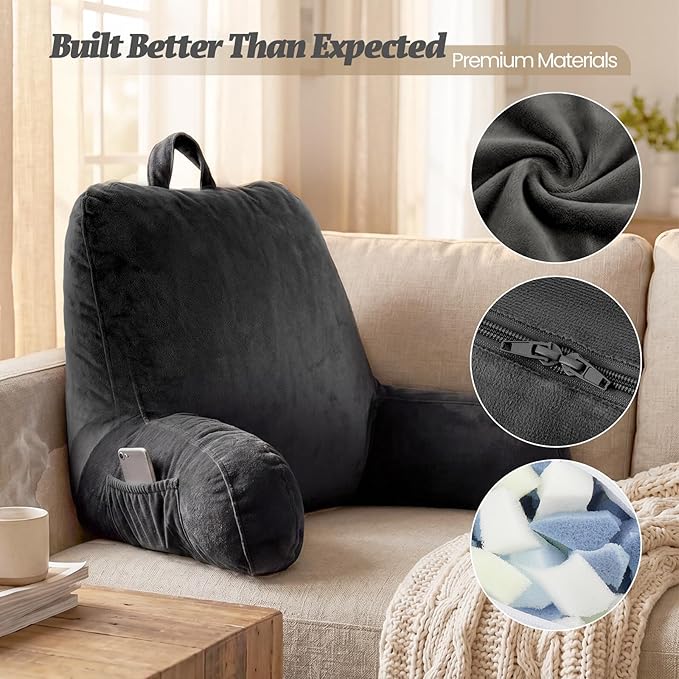 ACH Reading Pillow with Arms for Adults - Adjustable Memory Foam Bed Rest Pillow, Lumbar & Neck Back Support, Soft Velvet Cover Machine Washable, Deep Side Pocket & Carry Handle, Black