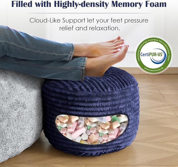 SHOUREN Stuffed Round Ottoman,Corduroy Pouf Ottoman Foot Rest with Foam Filling,Pouf Storage Ottoman Footstool for Living Room,20 X 15 Floor Poufs for Couch - 20 X 15 Inches,Navy
