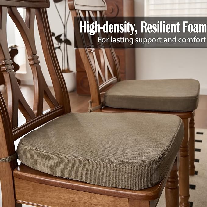 2'' Thick High-Density Foam Indoor Chair Cushions | Dining Chair Pads with Ties, Removable Washable Cover, Kitchen Chair Cushions 17"x16",Light Brown 4 Pack