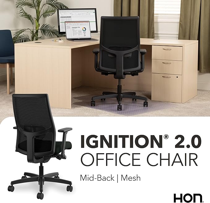 HON Ignition 2.0 Mid Back Task Chair, Advanced Synchro-Tilt Control, Office Chair with Lumbar Support, Height and Width Adjustable Arms, Black Frame, Black