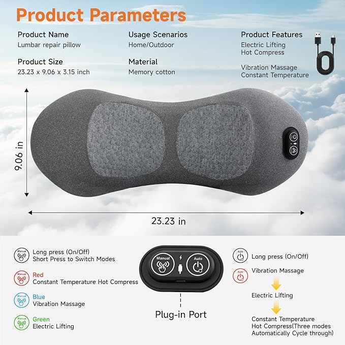 3-in-1 Electric Lumbar Support Pillow with Adjustable Height for Bed and Chair, Triple Fusion Cordless Back Massager with Heated, Vibration, Traction, Lower Back Pain Relief for Home & Office, Car