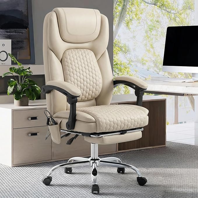 MALOL Massage Office Chair Set of 2 with 3-Level Heat and Footrest – 20-Min Easy Assembly, 300 lbs Big and Tall Desk Chair, PU Leather Ergonomic Executive Computer Chair with Side Pocket, Beige