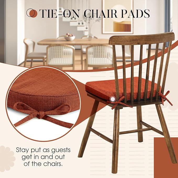 Basic Beyond Chair Cushions for Dining Chairs 4 Pack, Kitchen Chair Cushions with Ties and Non Slip Backing, 16 x 16 inches Chair Pads for Dining Chairs (Orange)