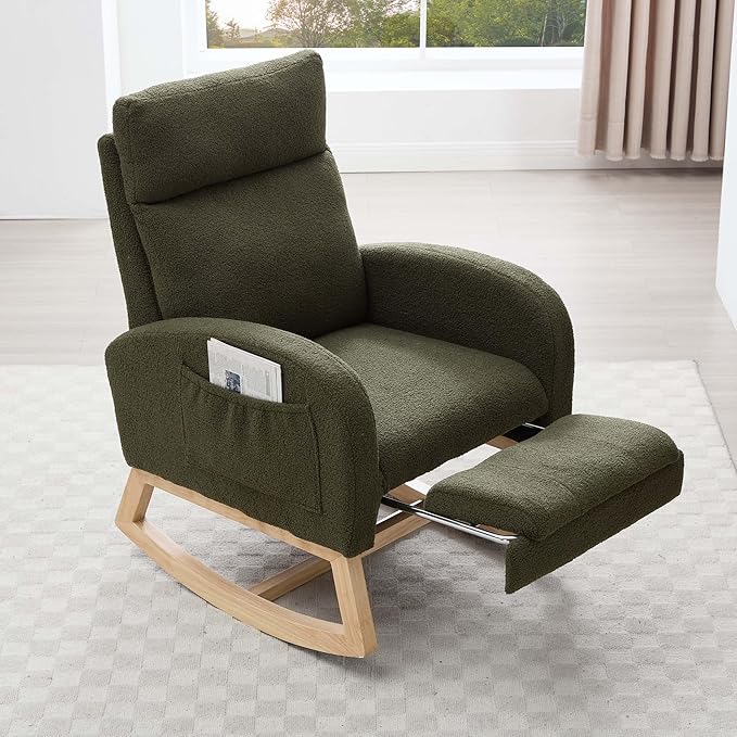 40" Teddy Nursing Rocking Chair, Nursery Chairs with Adjustable Foot Rest, High Backrest Upholstered Arm Chair with Side Pockets, Wood Rocking Chair for Living Room, Bedroom, Baby Room (Green)