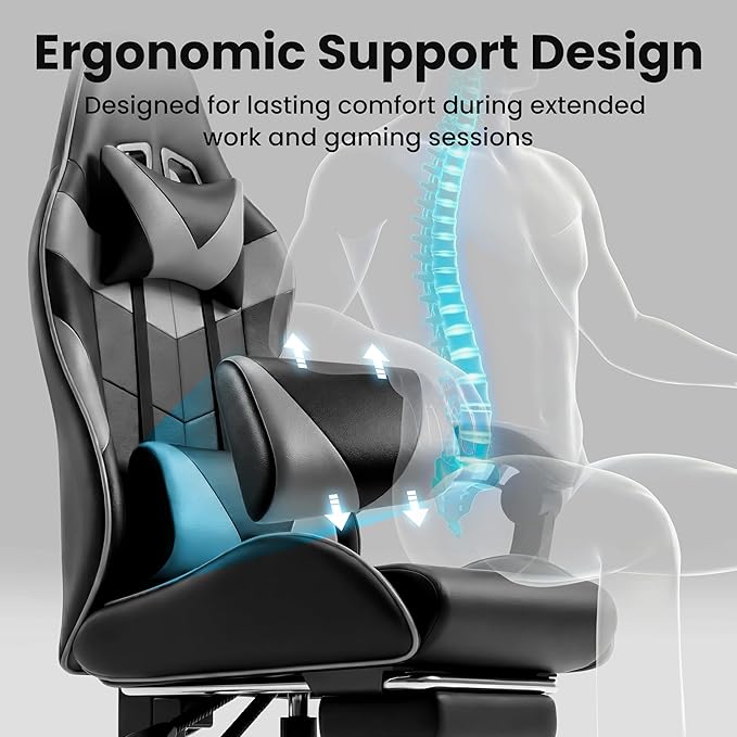 Gaming Chair, Ergonomic Computer Chair with 90°-150° Reclining Backrest & Footrest, Headrest & Lumbar Support, 363° Swivel Height Adjustable Desk Chair, High Back for Adults