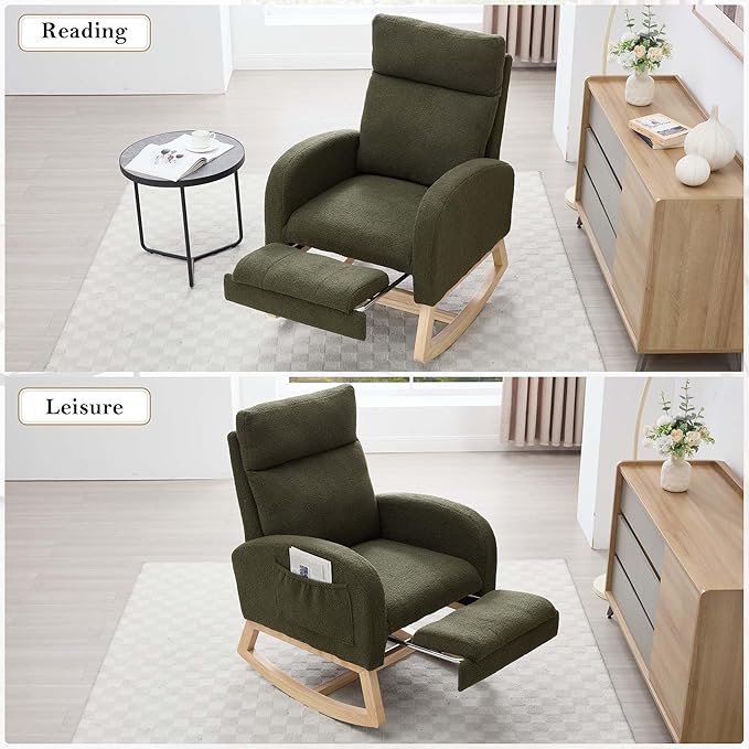 40" Teddy Nursing Rocking Chair, Nursery Chairs with Adjustable Foot Rest, High Backrest Upholstered Arm Chair with Side Pockets, Wood Rocking Chair for Living Room, Bedroom, Baby Room (Green)