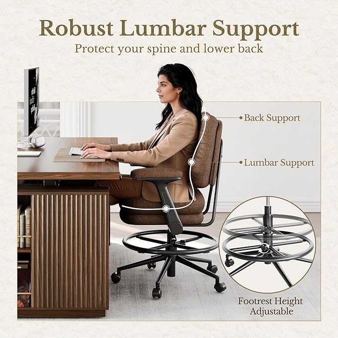 Executive Drafting Chair, Extral Thick Tall Office Chair with Padded Flip-Up Armrests, Mid-Back Cushioned Seat, 360° Swivel Rolling Computer Desk Chair, Vintage Brown
