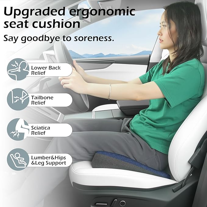 Car Seat Cushion for Driving, Ergonomic Memory Foam Car Seat Pad for Sciatica Pain Relief, Car Seat Cushion Pad for Driving Seat Office Chair, Blue