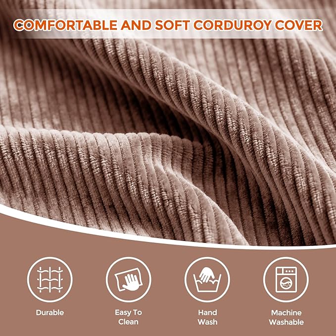 20" x 20" x 15" Pouf Ottoman Foot Rest, Pre-Stuffed Round Foot Stool with Odorless Shredded Memory Foam, Furry & Fluffy Corduroy Footrest for Living Room, Brown