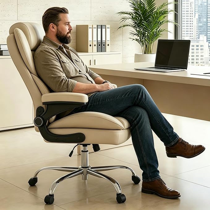 Office Chair, Home Desk Chair, Ergonomic Computer Chair with Lumbar Support, Executive Leather Chair with Flip-Up Armrests, Big and Tall Swivel Rolling Chair, Beige