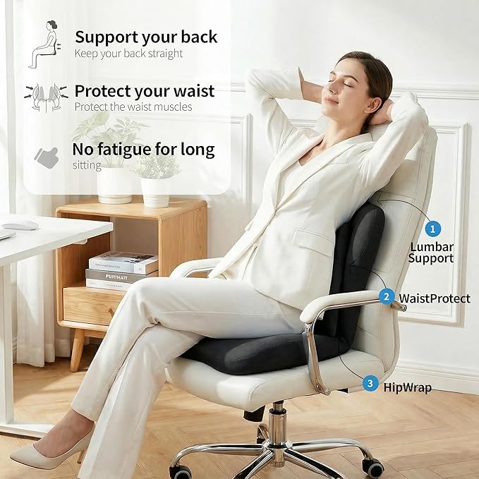 Adjustable Foldable Chair Cushions with Backrest, Lumbar Support Cushion with Detachable Headrest Pillow, Ergonomic Support Seat Cushion Chair for Office, Home, Car & Floor Sitting (Black)