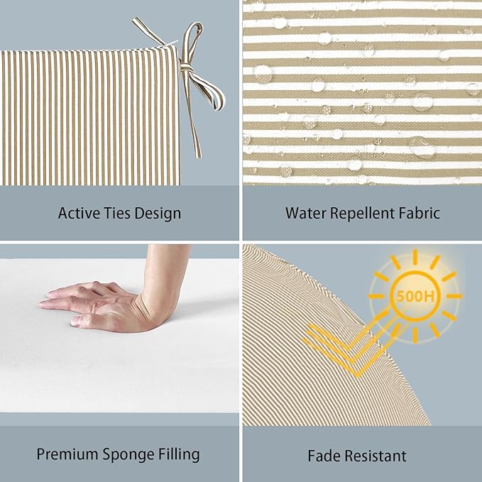 LVTXIII Outdoor Chair Cushions 19"x19"x2" Pack of 2, Water-Repellent Square Corner Memory Foam Seat Cushions with Ties for Garden Patio Furniture, Strip Beige