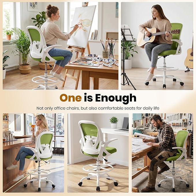 Primy Drafting Chair Tall Office Chair with Flip-up Armrests Executive Ergonomic Computer Standing Desk Chair with Lumbar Support and Adjustable Footrest Ring (AvocadoGreen)