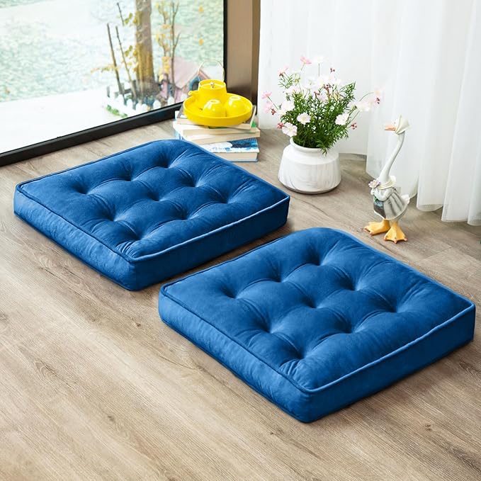 1 MIDDLE ONE Floor Pillow Set of 2, Memory Foam Meditation Cushion, Floor Cushions for Adults Sitting, Large Square Seat Cushions for Yoga, Couch, Sofa, Kids, Living Room, 22x22 Inch (Navy Blue)