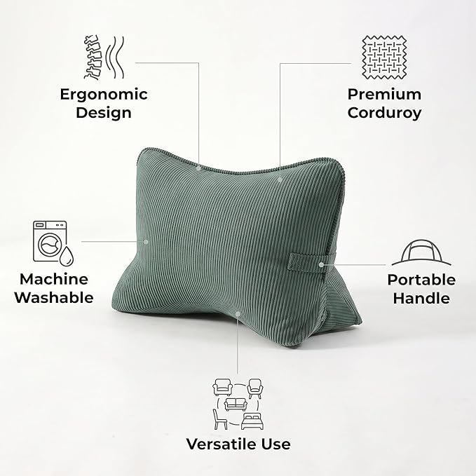 Pat. Pend. Corduroy Lumbar Support Back Pillow for Sitting and Posture Support, Triangle Cushion for Bed or Sofa Sitting, Backrest Support Pillow, Peacock Blue