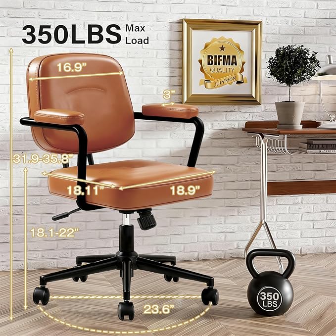 Ergonomic Office Chair, PU Leather Executive Desk Chair with Fixed Armrests, Adjustable Height, Rocking Function, 360° Swivel Rolling Wheels （Brown）