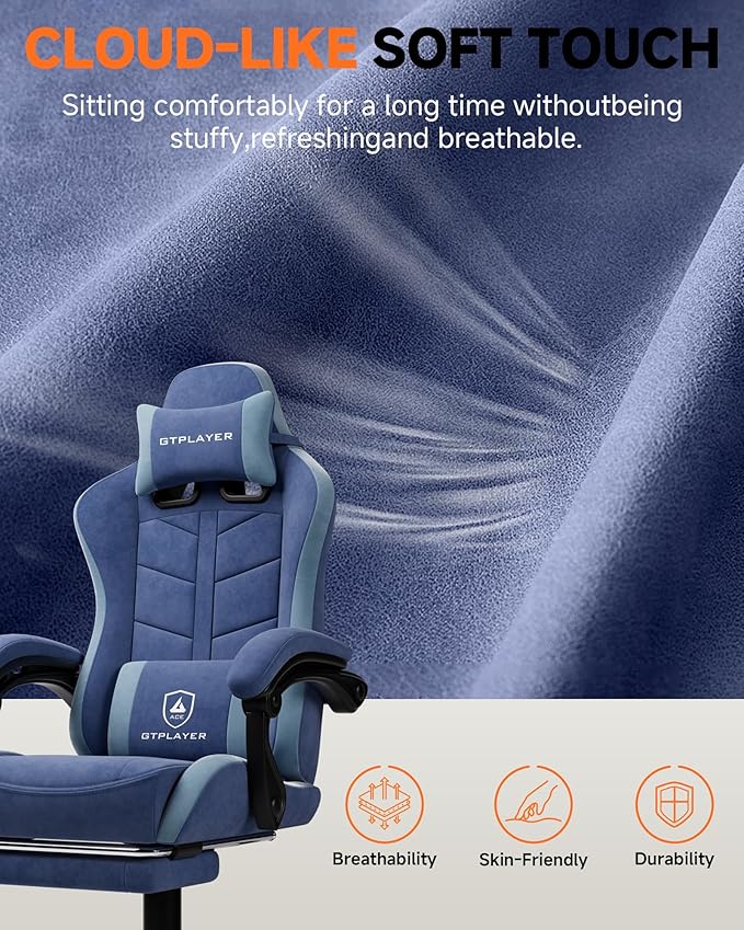 GTPLAYER Gaming Chair for Adults, Ergonomic Computer Gaming Chair with Footrest, Height Adjustable, 90-155° Recline & Removable Headrest Lumbar Support, Blue