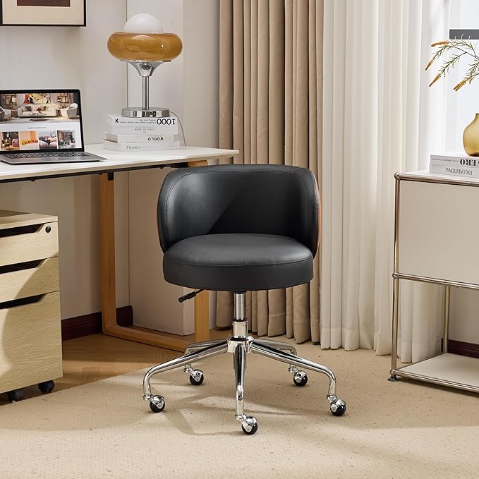 VINGLI Cute Small Swivel Desk Chair Comfy with Wheels,Ergonomic Low-Back Lumbar Support Vanity Nail Tech Rolling Task Stool Chair for Home Office,Height Adjustable,PU Leather Black&Suede Brown