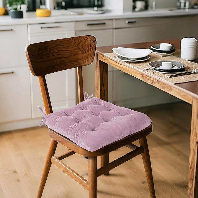 ELFJOY 4 Pack Chair Cushions for Dining Chairs Indoor Kitchen Seat Cushions with Ties Tufted Square Seat Pas for Kitchen Dining Office Room (16" Light Purple Velvet)